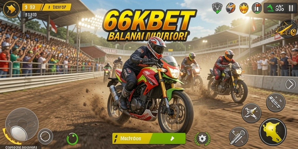 Tampilan gameplay mendebarkan dalam 66KBET saat balapan motor.