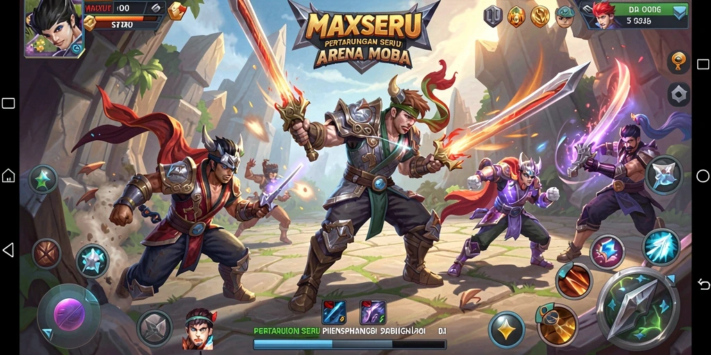 Screenshot gameplay <strong>MAXSERU</strong> menunjukkan intensitas pertarungan tim di arena MOBA.