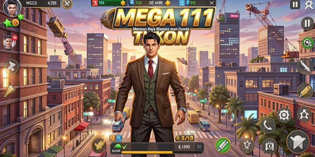 Tangkapan layar MEGA111 menampilkan gameplay seru dalam membangun bisnis Tycoon.