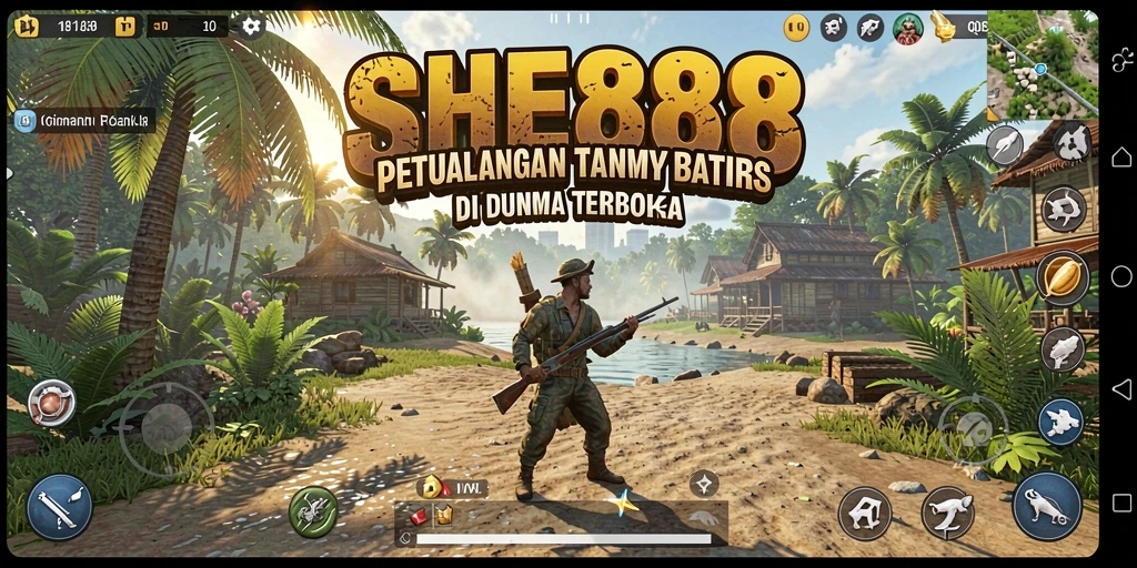 Tangkapan layar menunjukkan aksi seru dalam dunia terbuka SHE888.